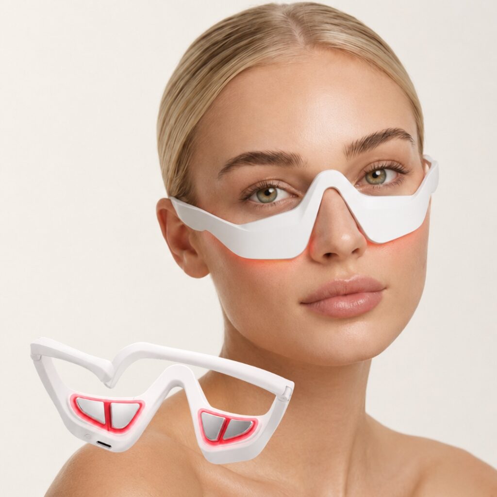 Gogle GlowUp na twarzy modelki, panele pod oczami świecą na czerwono