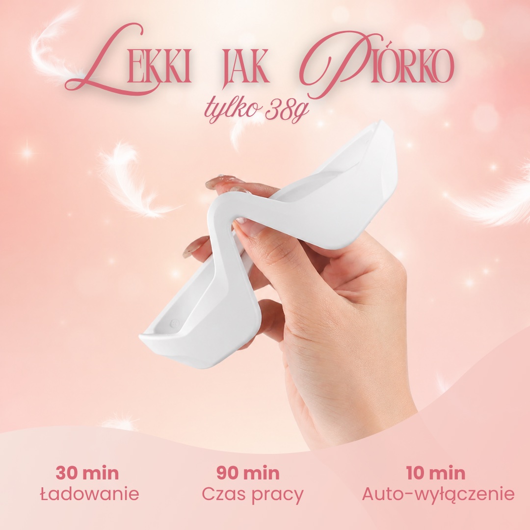 GlowUp lekki jak piórko, 38 g, 30 min ładowania, 90 min pracy, auto-wyłączenie po 10 min